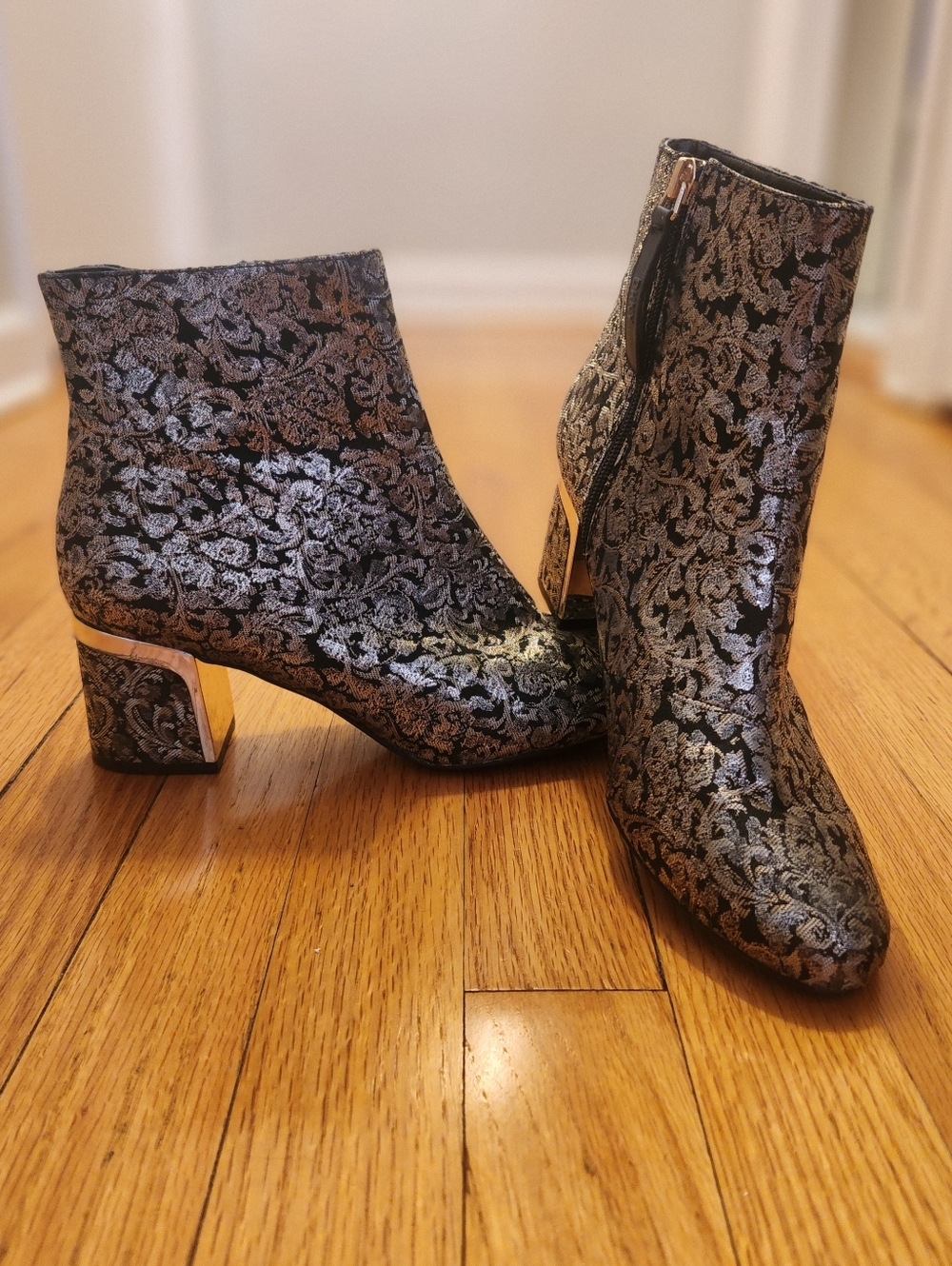 DKNY "Corrie" Black and Gold Brocade Ankle Boots